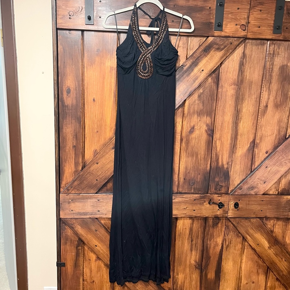 By Artisan black halter beaded flowy maxi dress